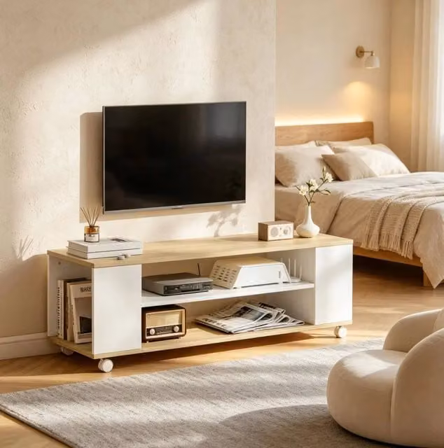 Mobile TV ULEVR 120x40x38,5 cm con 2 ripiani aperti e vani laterali, da terra o parete, bianco e naturale