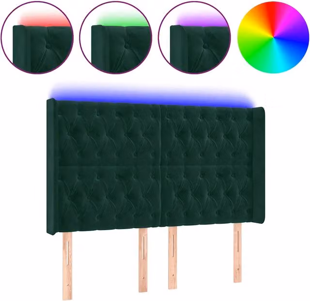 Testiera moderna in velluto verde scuro con illuminazione LED integrata e porta di ricarica USB, L: 147 cm, P: 16 cm, H: 118/128 cm – 1