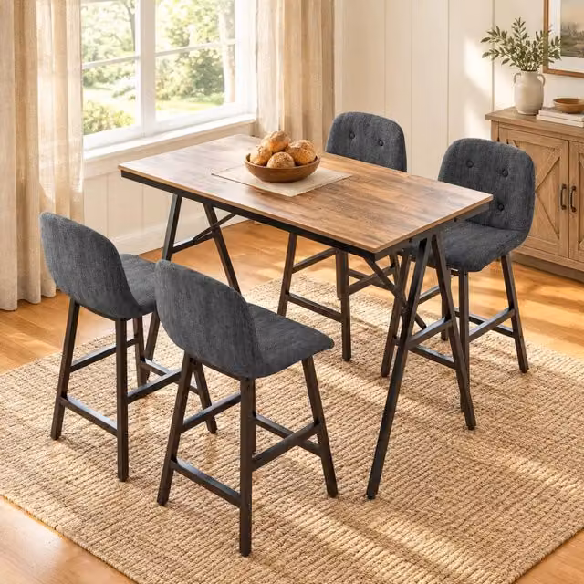 Set tavolo bar ULEVR con 4 sgabelli, tavolo 120x60x91 cm, imbottitura in poliestere effetto lino grigio scuro