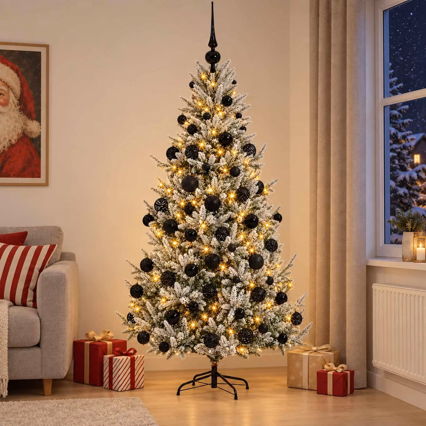 Albero di Natale artificiale con decorazioni a forma di sfera natalizia, altezza 180 cm, con 300 luci a LED