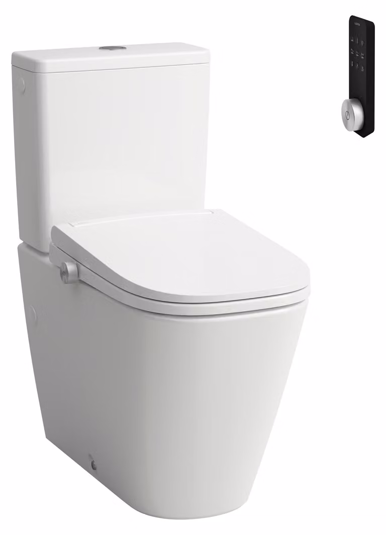 Ensemble WC sur pied LAUFEN Cleanet Meda, avec WC douche, chasse d'eau silencieuse, sans rebord, cuvette à chasse profonde, 370 x 680 mm, H606110000S002, H606110000S002
