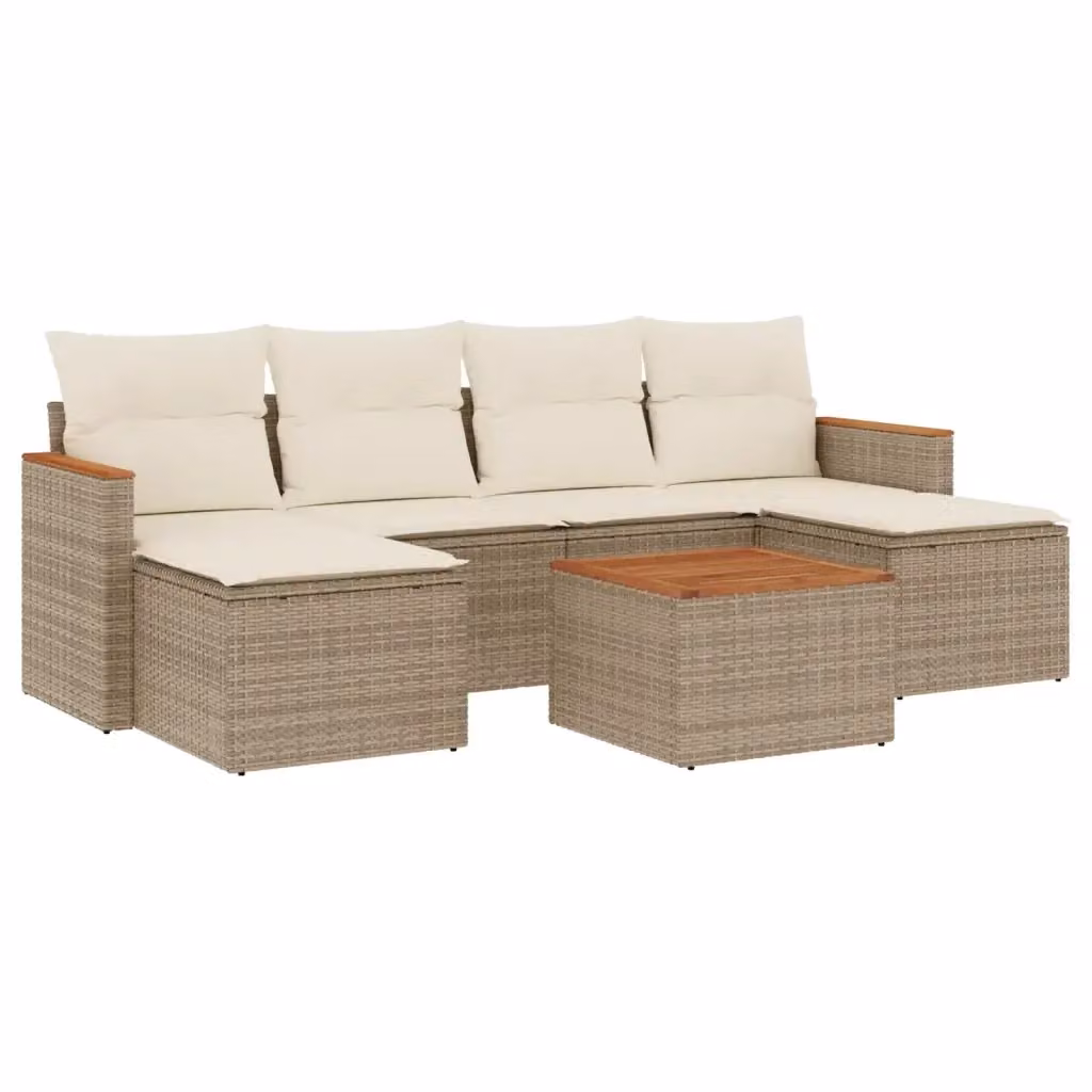 Set da giardino moderno vidaXL composto da 7 pezzi con divano a 3 posti, poltrone, pouf e tavolino da caffè in rattan con cuscini beige e struttura in acciaio verniciato a polvere – 2