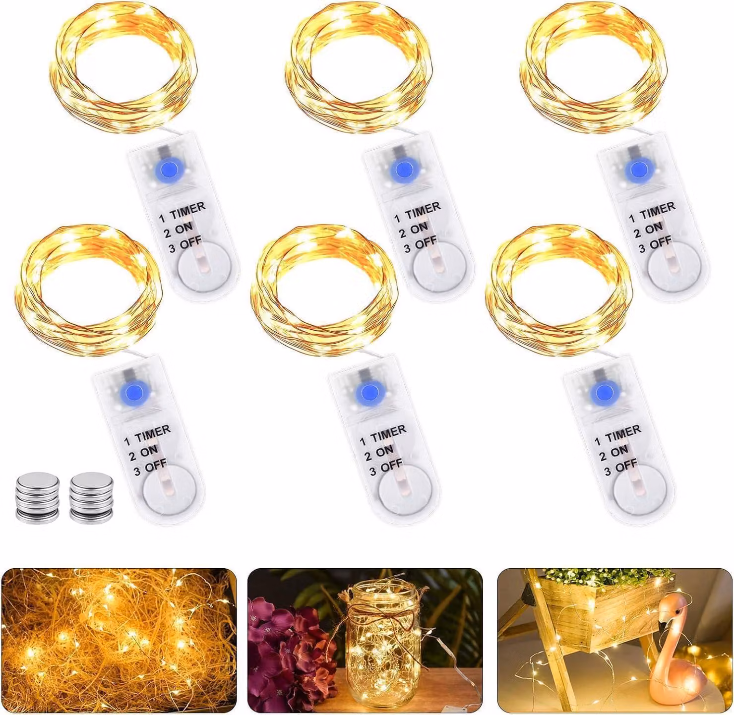 Catena luminosa a LED, set da 6, lunghezza 2 metri, 20 LED, luce bianco caldo, timer, grado di protezione IP65