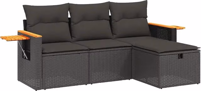 Set Divani da Giardino 4 pz | Set Salotto da Giardino con Cuscini Nero in Polyrattan