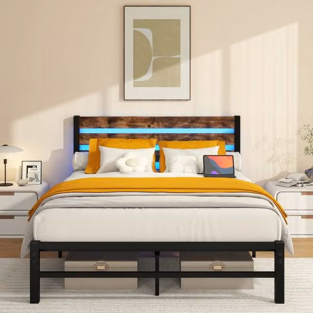 Struttura letto 140 x 200 cm in metallo con testiera, stazione di ricarica USB, LED, supporto in acciaio, senza box spring e silenziosa