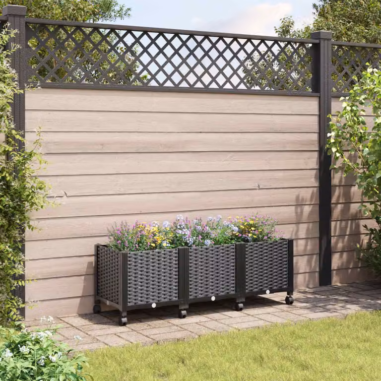 vidaXL Vaso da Giardino con Ruote Nero in Plastica L: 120 cm, P: 40 cm, H: 44 cm
