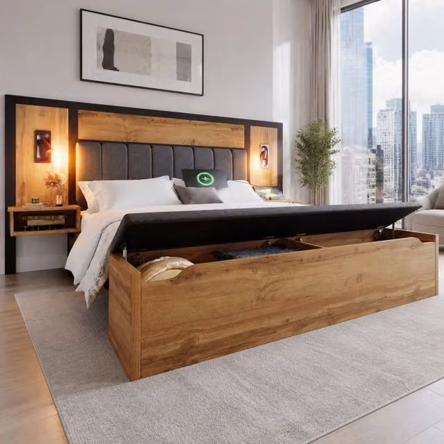 Letto matrimoniale 160 × 200 cm con rete a doghe metallo legno e lino rovere luci e ricarica USB C