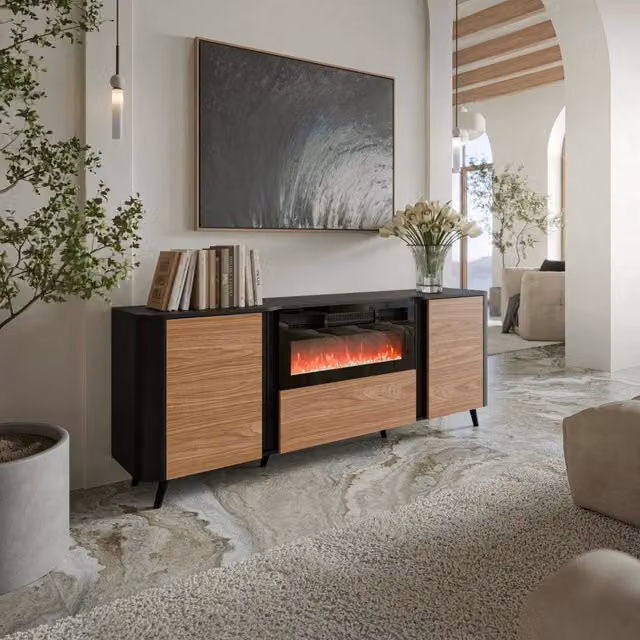 Credenza Briano DMORA, Madia da salotto con camino elettrico, due ante battenti e anta a ribalta, Nero e Noce, L: 191 cm, P: 40 cm, H: 69 cm – 1