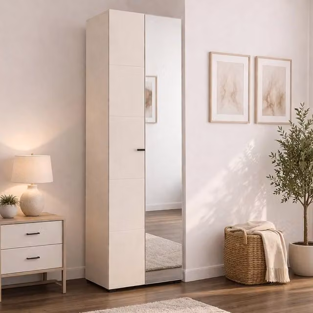 Armadio da camera da letto Azzano DMORA con 2 ante, appendiabiti, ripiani interni e specchio, Bianco, L: 64 cm, H: 194 cm – 1