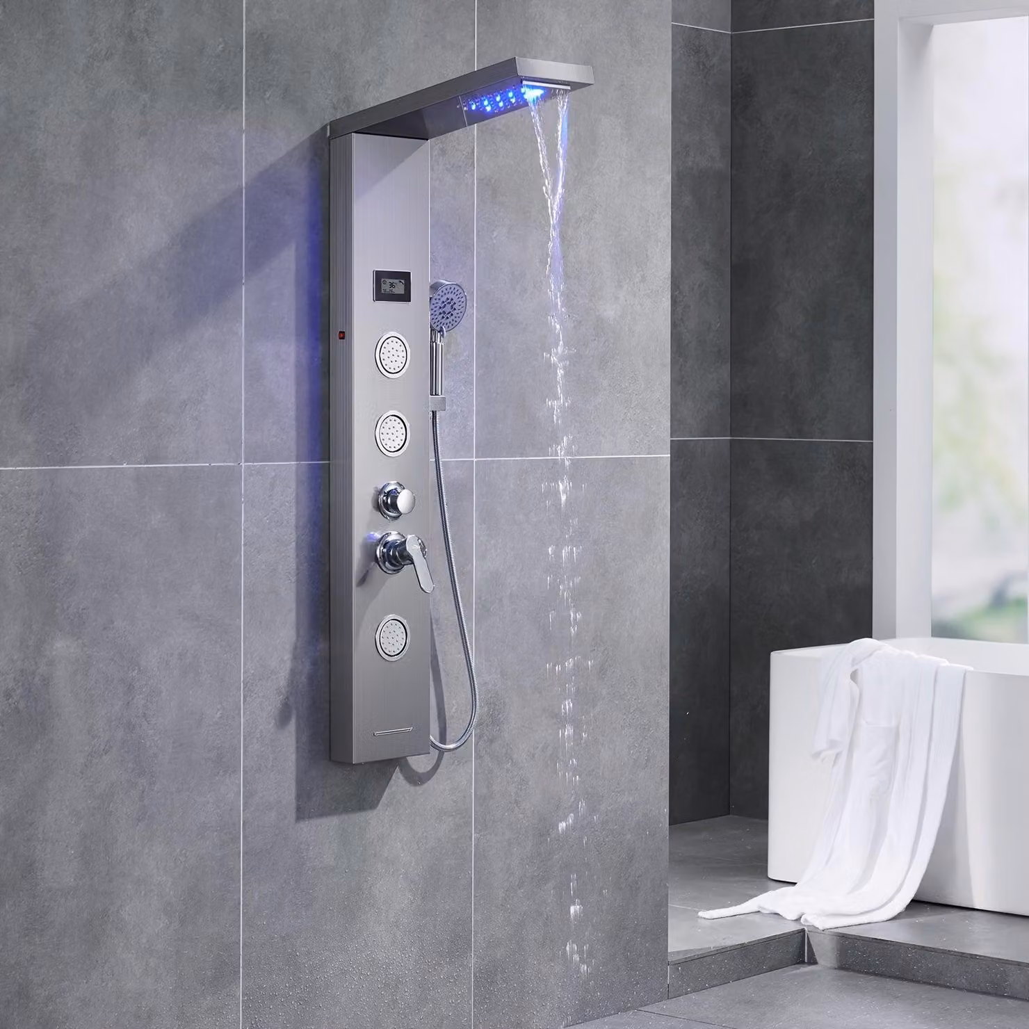 Sistema doccia - Doccia a pioggia - Doccetta manuale - Getto corpo - Ugello a cascata - Grigio - Miscelatore termostatico
