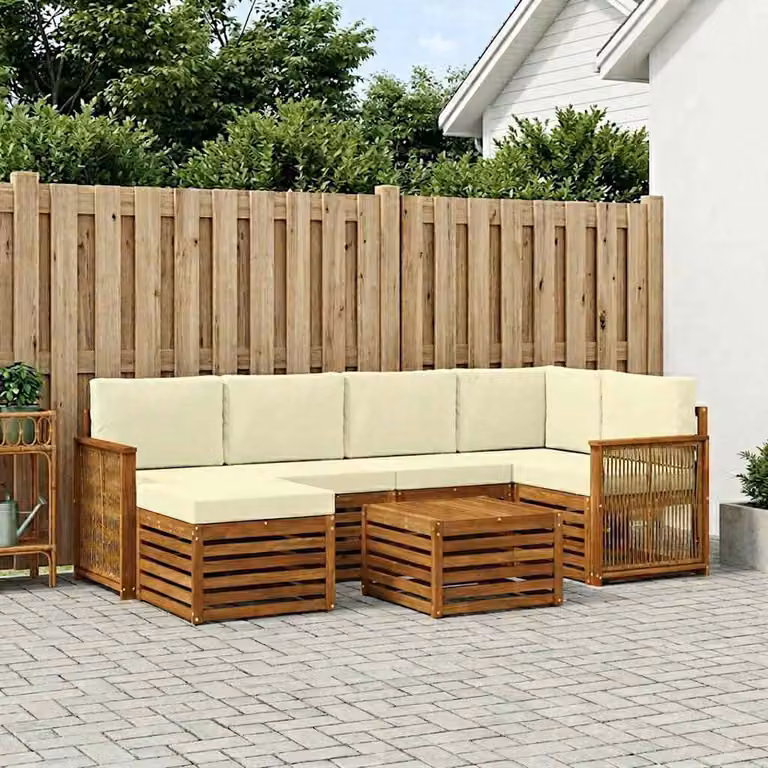 Set di divani da esterno vidaXL a forma di L in legno di acacia con tavolino e pouf, colore beige e bianco