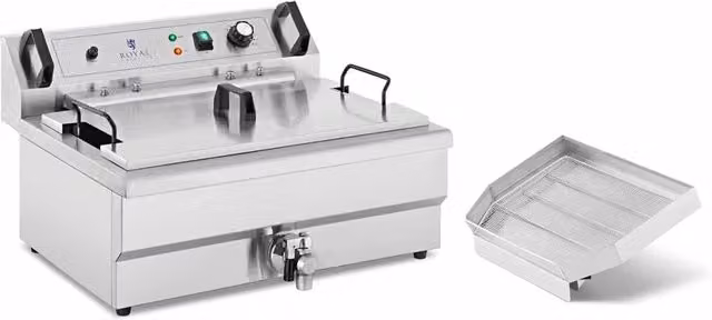 Friggitrice professionale per ciambelle in acciaio inox color argento con capacità di 23 litri e alimentazione a 230 volt