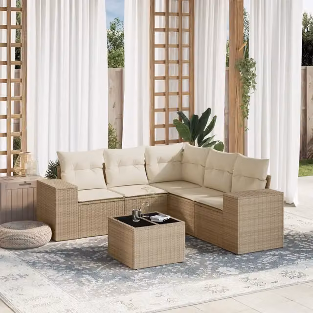 Set Divano da Giardino a L vidaXL in Polyrattan con Cuscini Beige e Tavolino da Esterno 6 pz