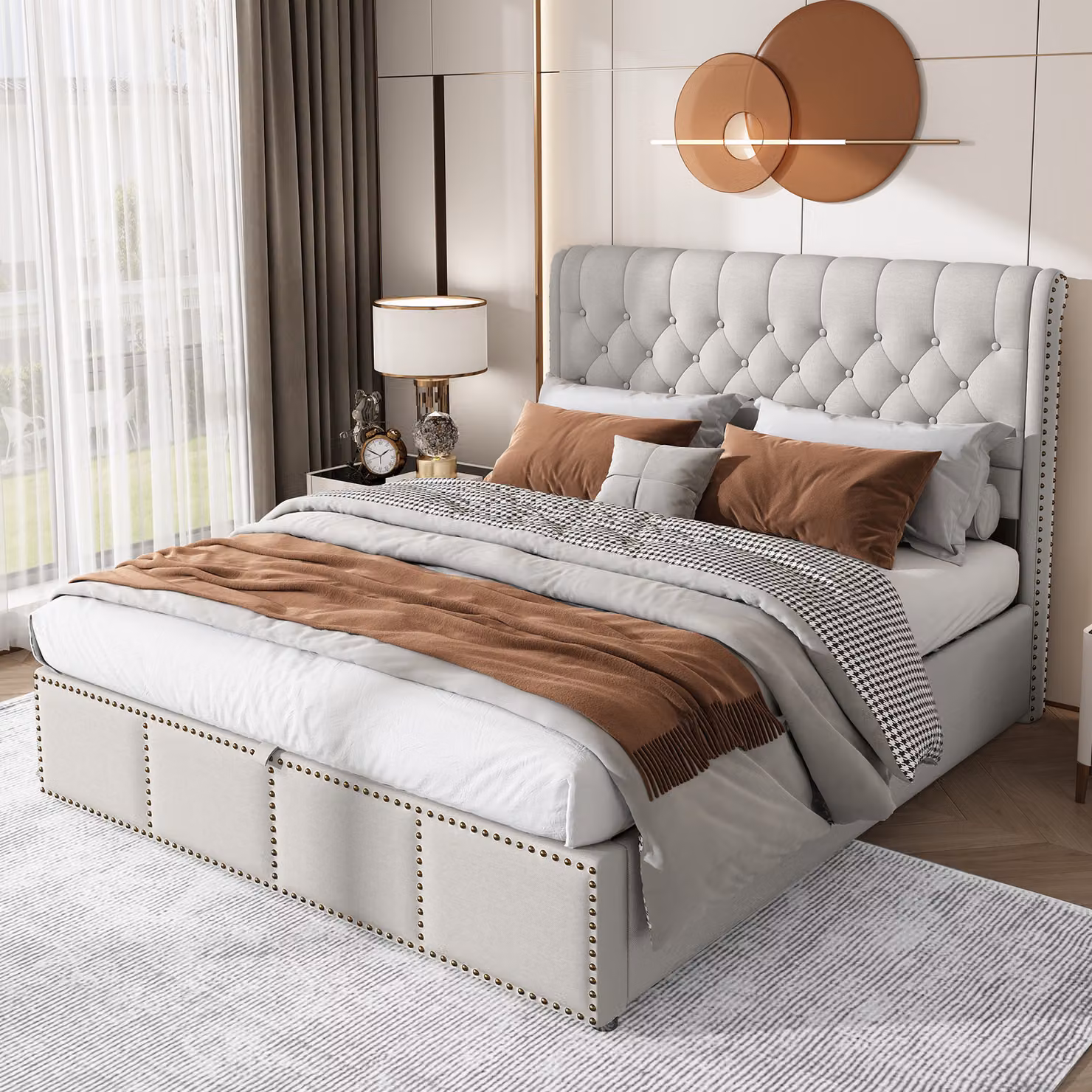 Letto matrimoniale STILVORA, 140x200 cm, imbottito con meccanismo a sollevamento idraulico e testiera (con decorazioni a bottoni), contenitore contenente cassetti, colore grigio chiaro (senza materasso)