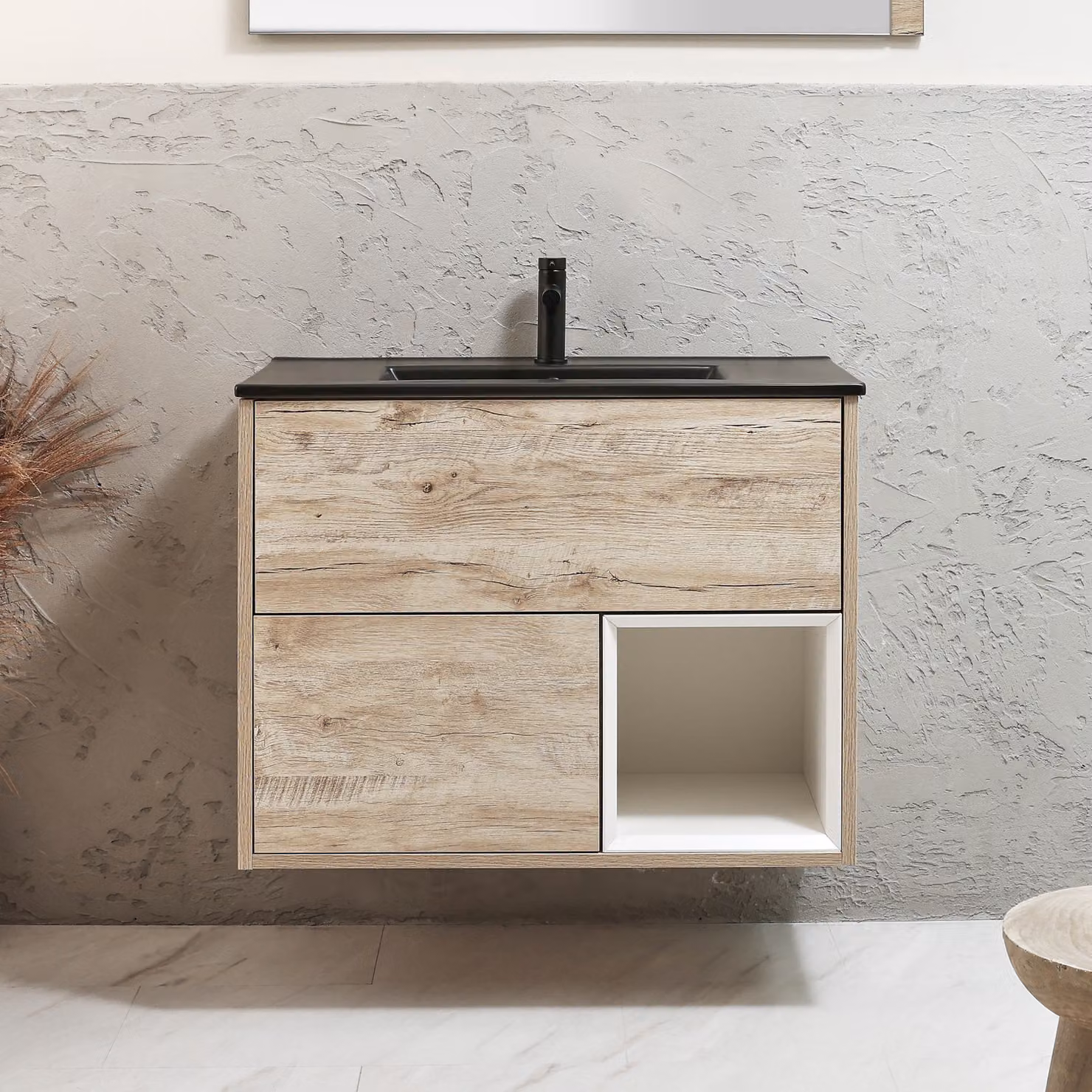 Mobile Bagno Sospeso con Ripiano Aperto in Rovere Chiaro da 812mm con Lavabo Color Grafite e Luci LED - Hoxton