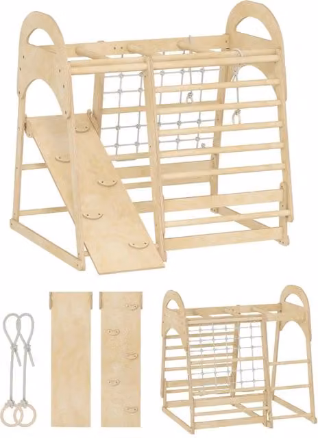 Struttura da arrampicata indoor in legno, design 6-in-1 con scivolo, barre, parete, scala e rete, per bambini 3-6 anni