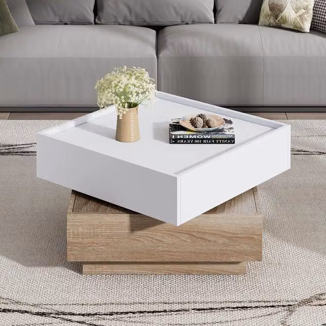 Tavolino da Salotto Funzionale con Piano Girevole a 360°, 2 Ripiani e Armadietto Portaoggetti, Struttura in Noce, Bianco, 60x60x38 cm