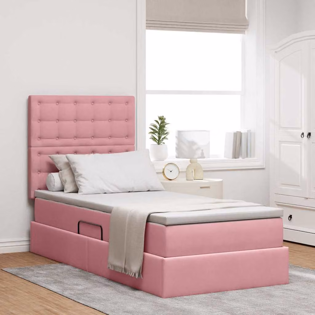 Letto con contenitore e illuminazione LED vidaXL in velluto rosa, L 90 x P 200 cm – 1