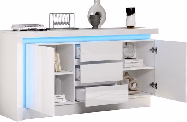 Credenza moderna con illuminazione LED per soggiorno, finitura lucida bianca, con 2 ante, 3 cassetti e ripiani regolabili, L 140 cm x P 35 cm x H 72 cm
