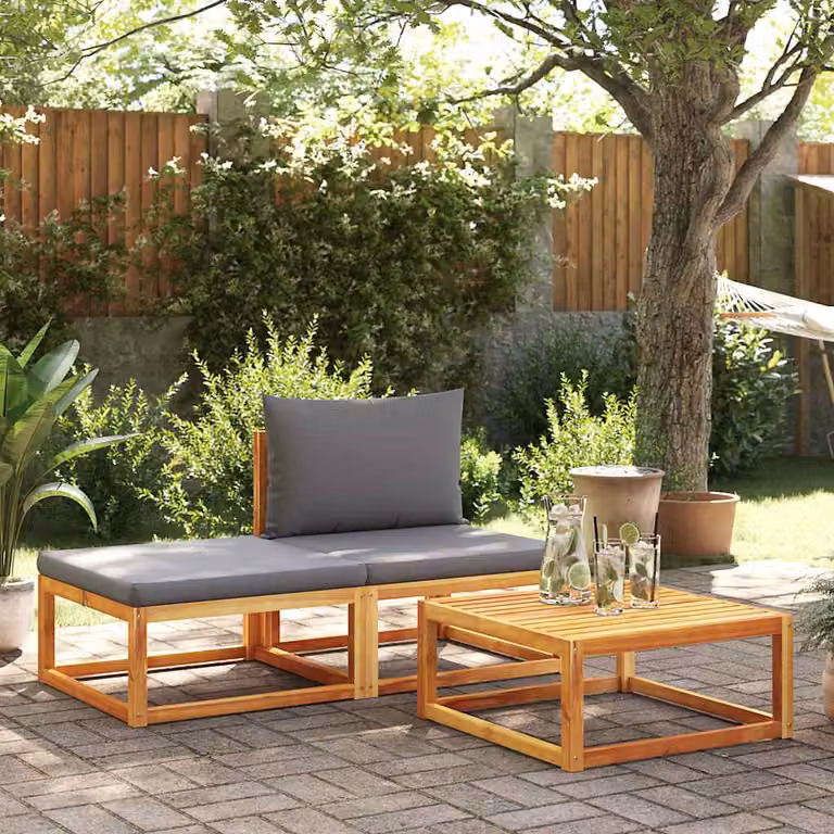 Set di divani da giardino vidaXL 3 pezzi in legno di acacia oliato e corda con cuscini grigi e marroni