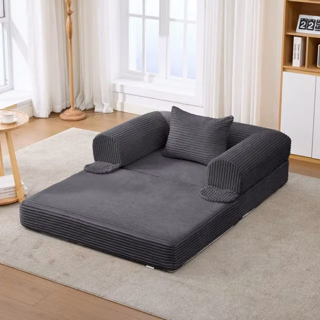 Divano letto singolo convertibile in tessuto corduroy con funzione letto, cuscino e design salvaspazio, grigio