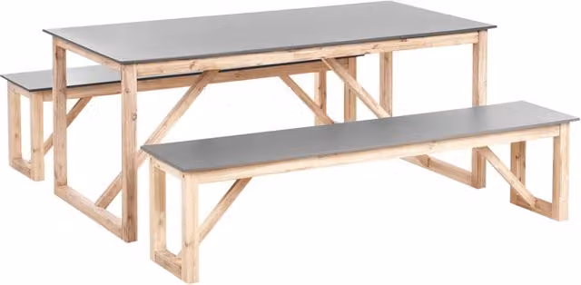 Set da pranzo da giardino BELIANI in legno di acacia e cemento con tavolo rettangolare e 2 panche, Grigio e Marrone, L: 180 cm, P: 75 cm, H: 75 cm