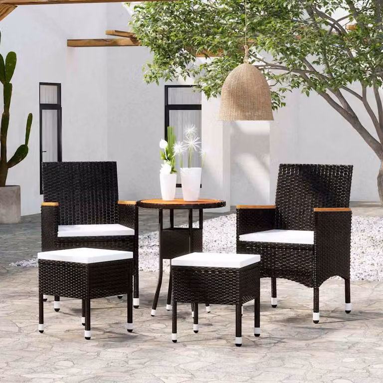 Set Salotto da Giardino vidaXL 5 pz in Polyrattan con Cuscini e Tavolino da Caffè Nero e Bianco