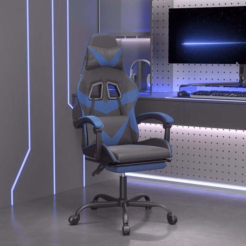 vidaXL Sedia da Gaming Girevole con Poggiapiedi in Similpelle, Colore Nero e Blu