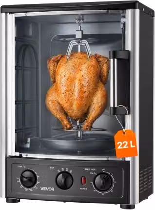 VEVOR Forno Girarrosto Elettrico Verticale da Banco per Kebab e Shawarma, Colore Argento, Capienza 22 L, 7 Spiedini, Rotazione Automatica 360°, Sportello in Vetro Temperato e Timer 0-60 min