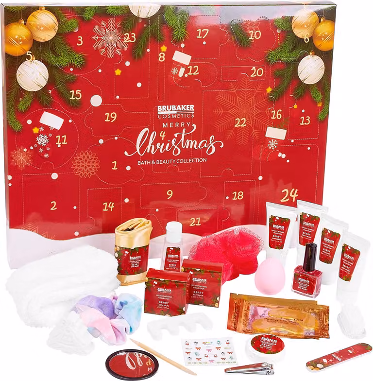Calendario dell'Avvento di bellezza BRUBAKER Cosmetics 24 x prodotti per la cura del corpo e accessori per la spa - il calendario di Natale del benessere XXL per donne e ragazze - Rosso