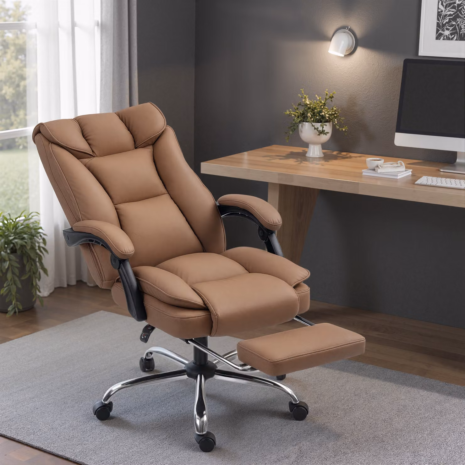 Sedia da scrivania executive HOMCOM con poggiapiedi e schienale reclinabile, rivestimento in pelle sintetica marrone, L: 66 cm, P: 72 cm, H: 121 cm – 2