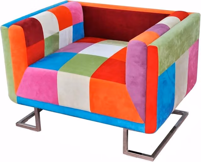 Poltroncina-Poltrona a Cubo con Gambe Cromo e Design Patchwork in Tessuto