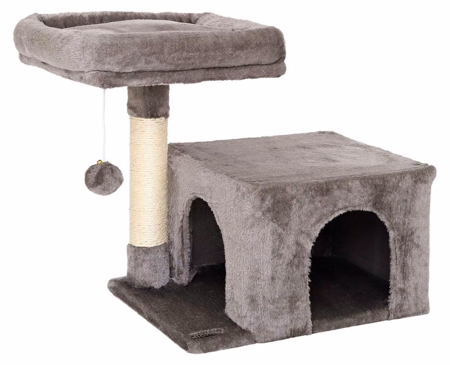 Albero per gatti, altezza 50 cm, colore grigio scuro, realizzato in corda di sisal e peluche, con una casetta e una piattaforma