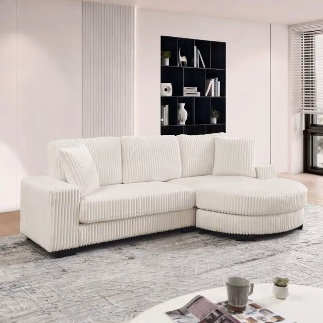 Divano angolare 256.5x133.5x89 cm modulare con pouf ovale reversibile in velluto a coste beige