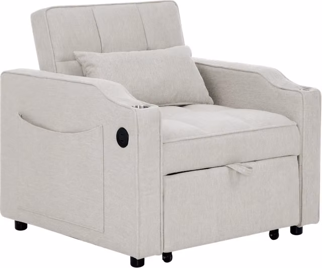 Poltrona letto 3-in-1 con porta USB/Type-C, letto divano 190 cm con portabicchieri in acciaio inox e schienale regolabile a 3 posizioni, tasche laterali, colore crema