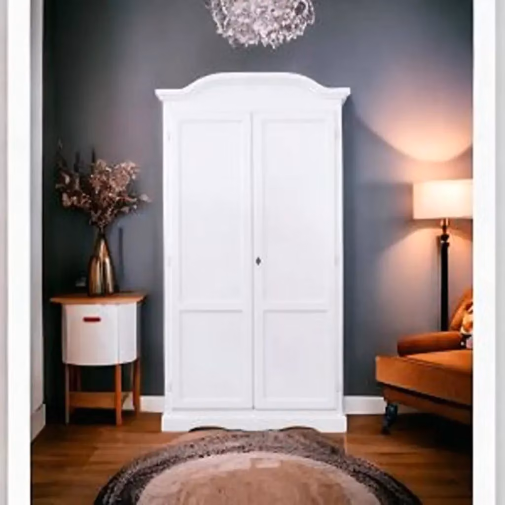 Armadio Gendarme KIVIO in legno stile Shabby Chic con 2 ante battenti, Bianco, L: 107 cm, P: 55 cm, H: 197 cm – 2