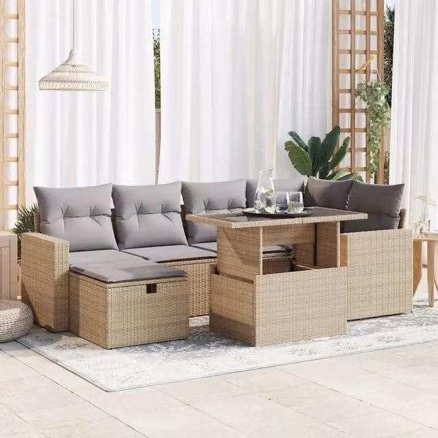 Set da giardino moderno vidaXL in polyrattan composto da 7 pezzi con cuscini beige e tavolino da esterno