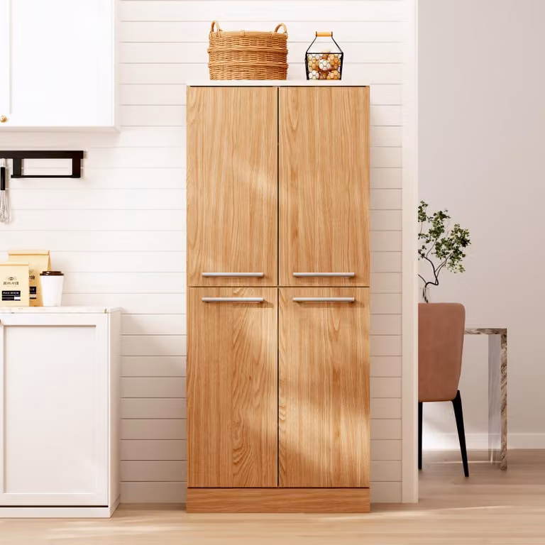 Mobiletto da cucina 76 x 42 x 180 cm, dispensa a 4 ante con ripiani regolabili in altezza, maniglie in metallo e sistema di sicurezza anticaduta, ampio spazio di stoccaggio per la cucina, finitura effetto legno di quercia