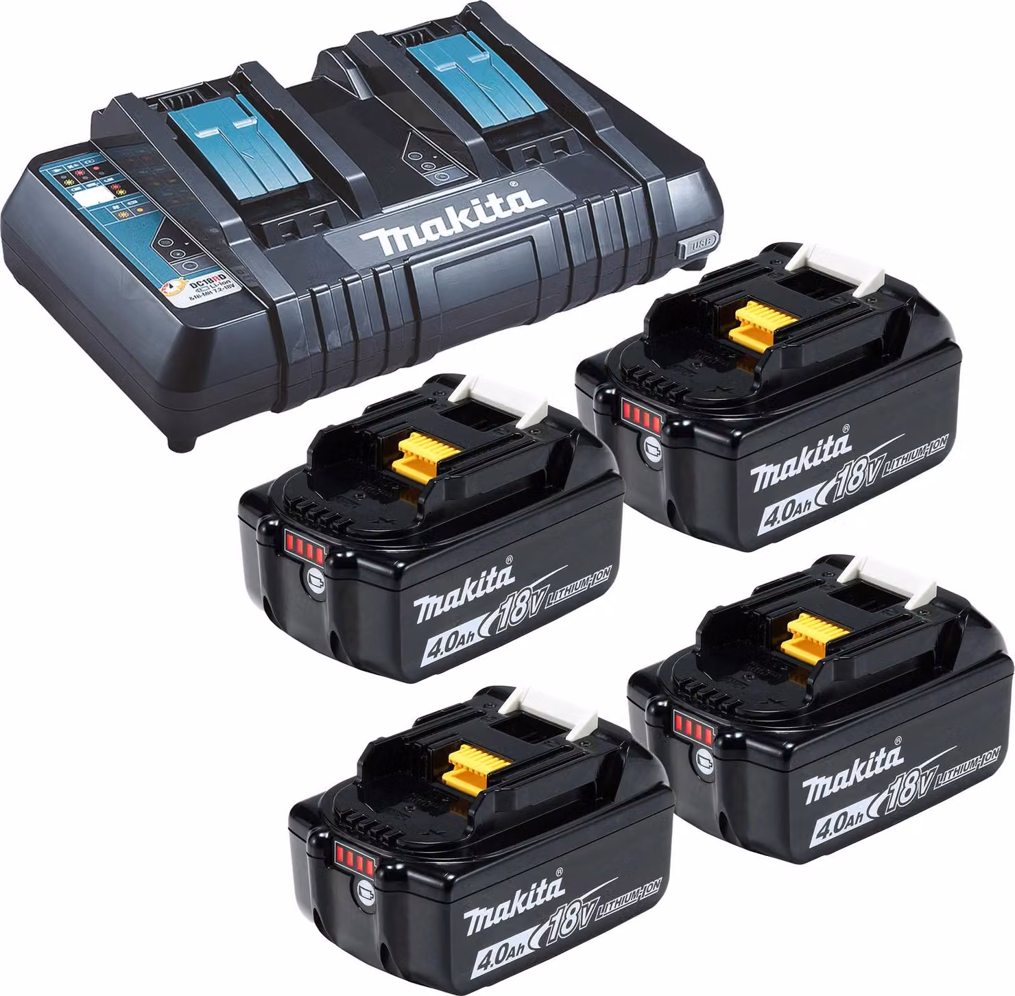 Batteria Makita 4x BL1840B 4,0 Ah 18V Li-Ion + caricatore rapido doppio DC18RD - DC18RD-BL1840-4x