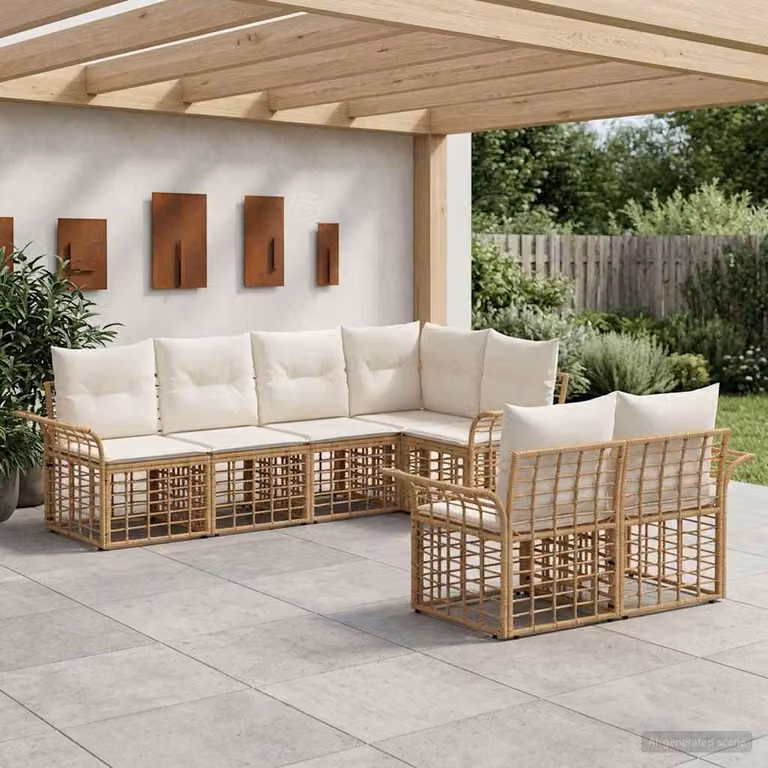 Set di divani da esterno vidaXL 7 pz a forma di U in stile moderno, colore beige e marrone, con struttura in metallo e cuscini inclusi