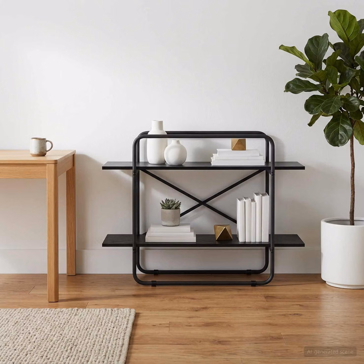 Libreria moderna vidaXL a 2 livelli in metallo e MDF, colore nero e marrone, L 100 x P 35 x H 70 cm