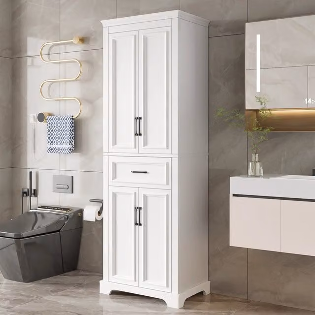 Mobile Colonna Bagno 60x40x180 cm con Cassetto e 4 Ante; Ripiani Regolabili; in MDF; Bianco