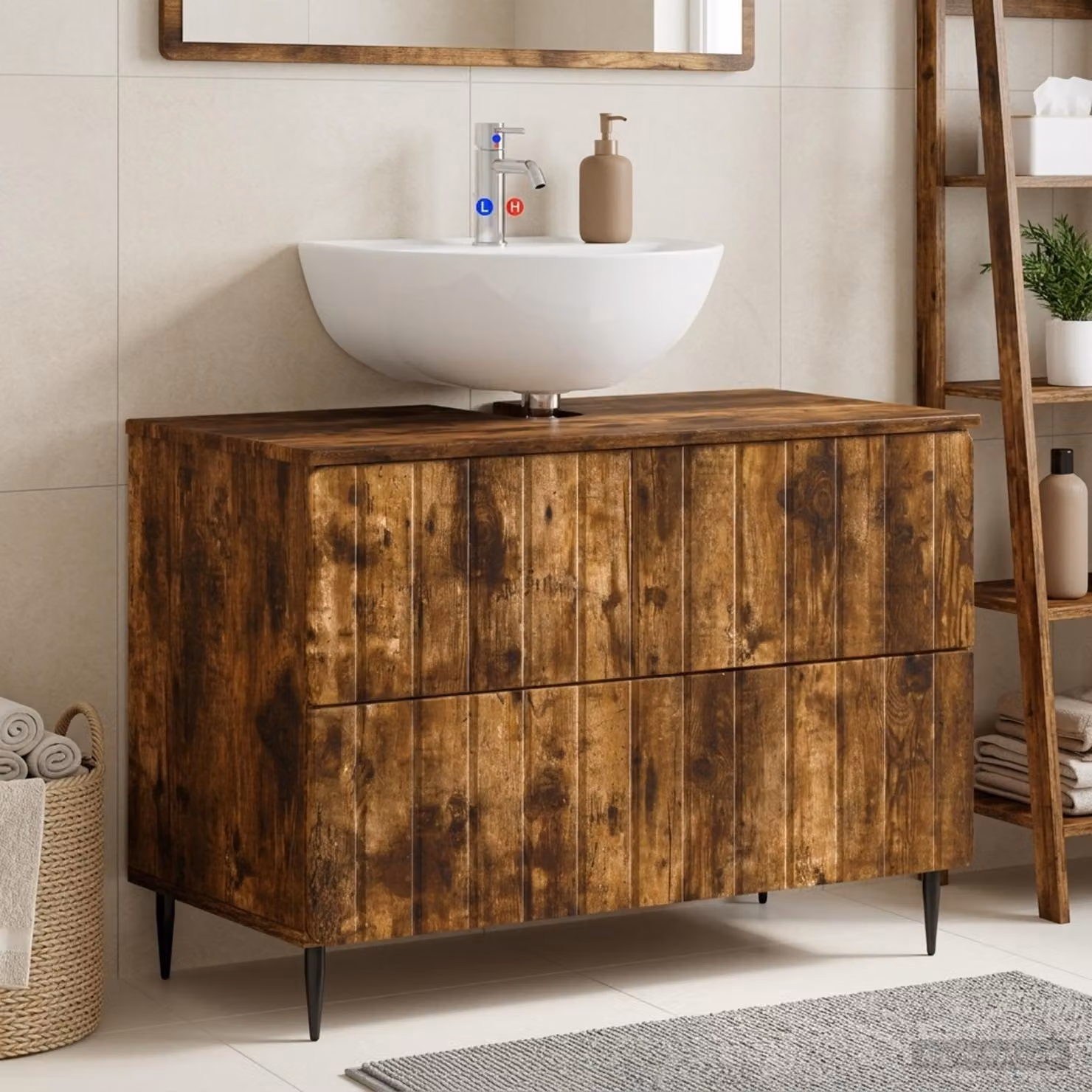 Armadio per lavabo da bagno moderno vidaXL ZWOLLE in legno Rovere Fumo marrone con cassetti e ante a battente