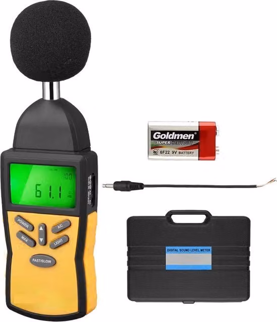 Decibelmetro digitale professionale con display LCD per misurazione livello del suono da 30dB a 130dB, colore nero