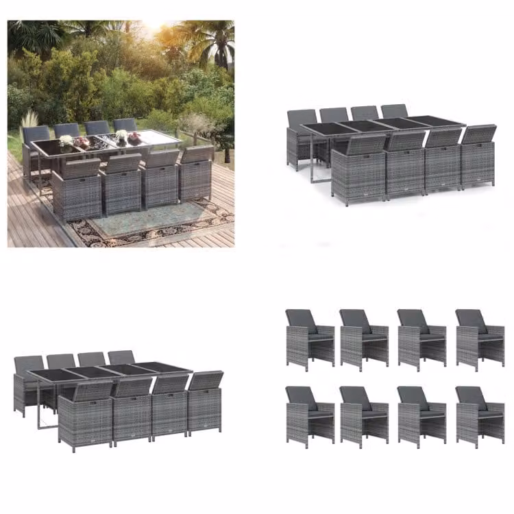 vidaXL Set da pranzo da giardino 9 pezzi con cuscini in poly rattan grigio - Set da pranzo da giardino - Set da pranzo da giardino - Set da pranzo in poly rattan - Set da pranzo da esterno