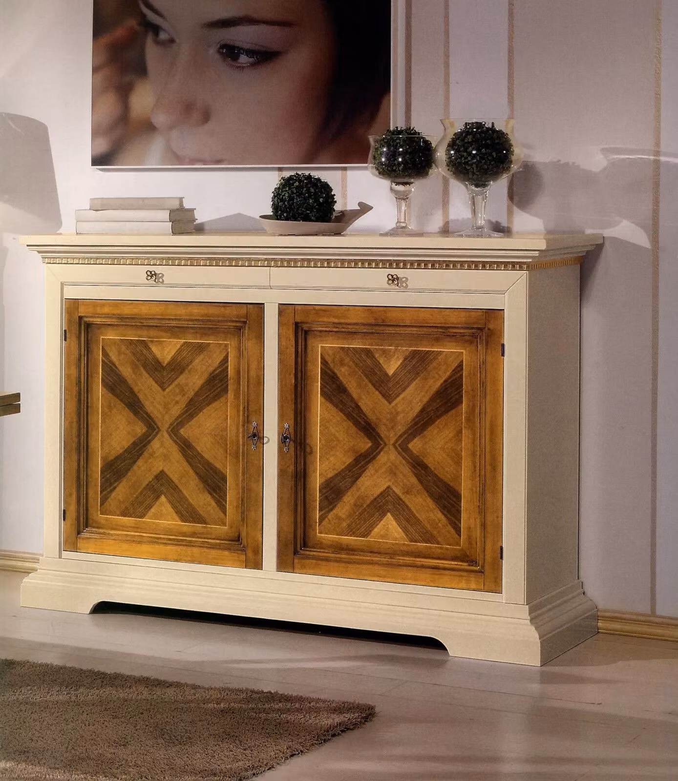 Madia credenza a 2 ante in legno laccato avorio e noce Mobili 2G L: 160 cm, P: 53 cm, H: 115 cm – 4