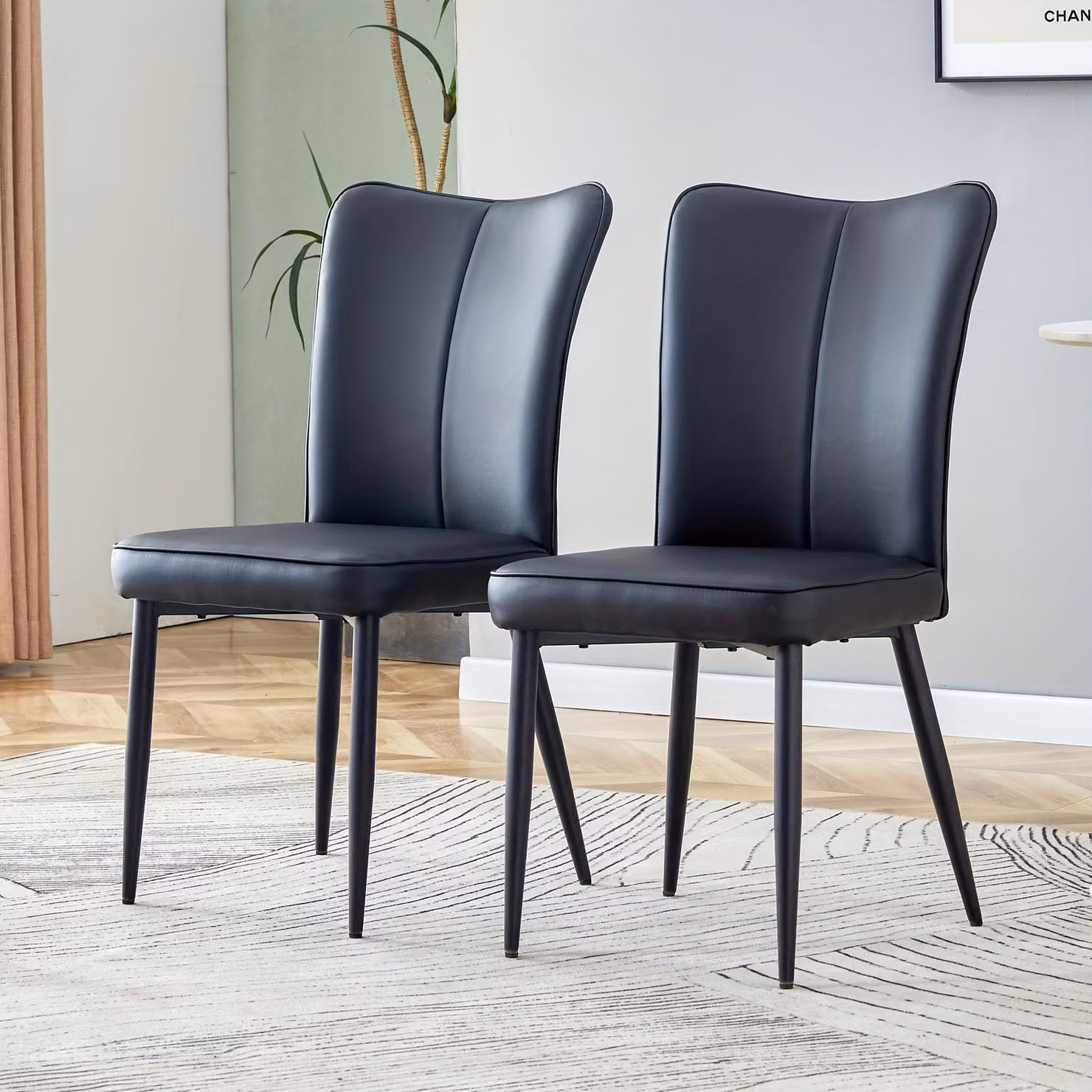 Set di 2 sedie da pranzo minimaliste nere, rivestite in ecopelle