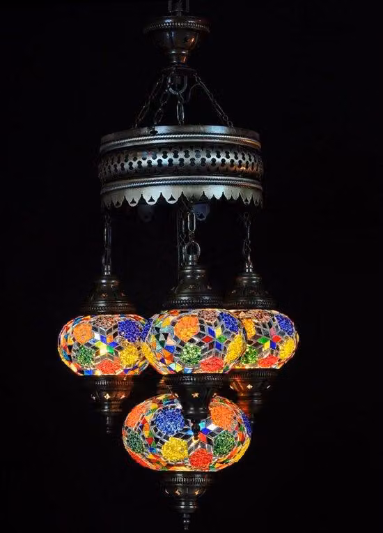 Lampada a sospensione turca a 4 sfere in vetro mosaico dai colori vivaci – lampada da soffitto orientale con 4 sfere in vetro mosaico