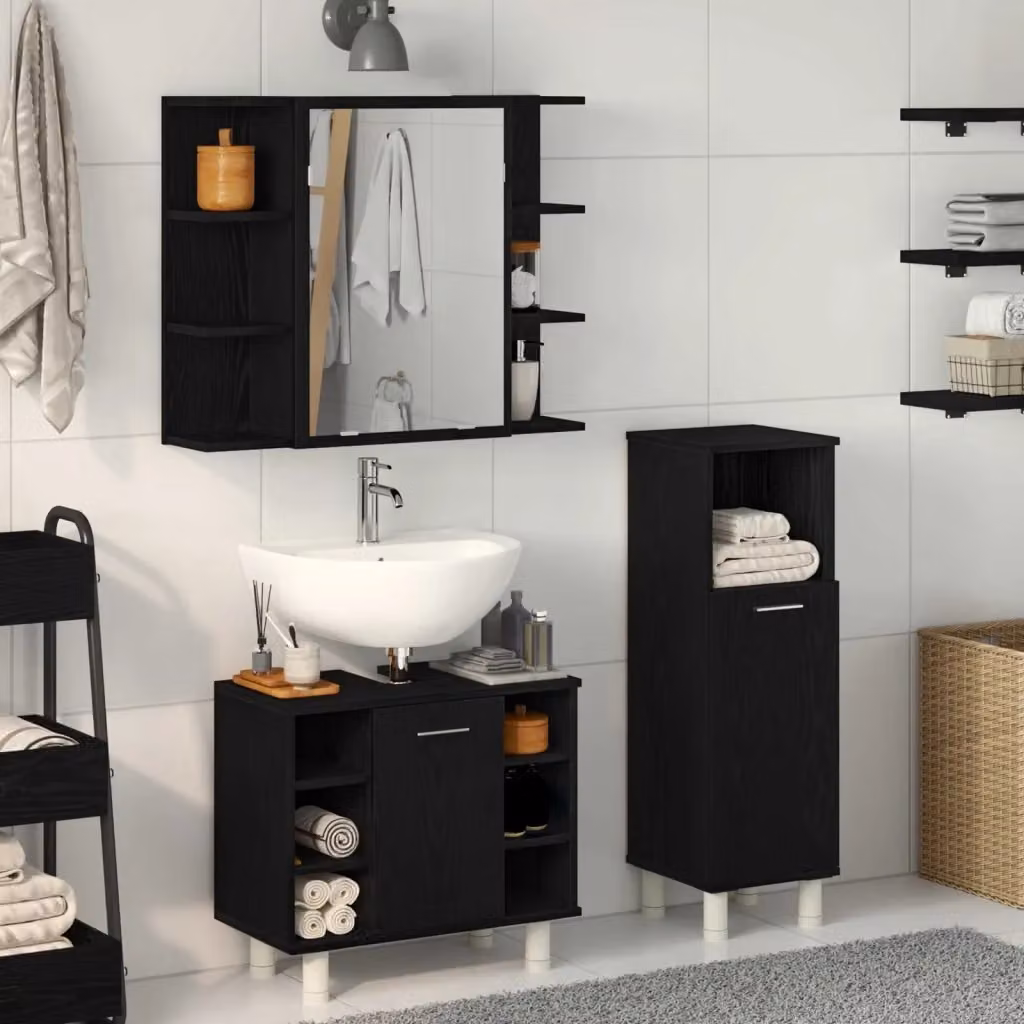 Set di mobili per il bagno minimalista in legno nero con armadietto specchio a parete L/P/H: 30 x 30 x 99,5 cm – 2