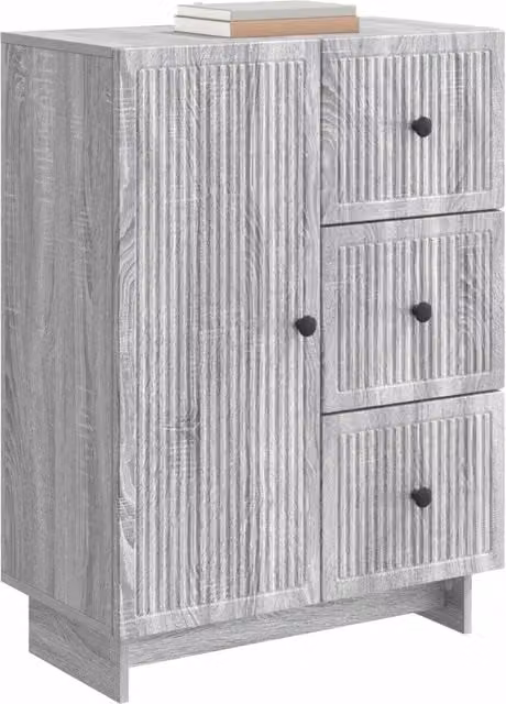 Credenza moderna in legno ingegnerizzato e metallo Grigio Sonoma per soggiorno e sala da pranzo L: 66 cm, P: 34,5 cm, H: 90 cm